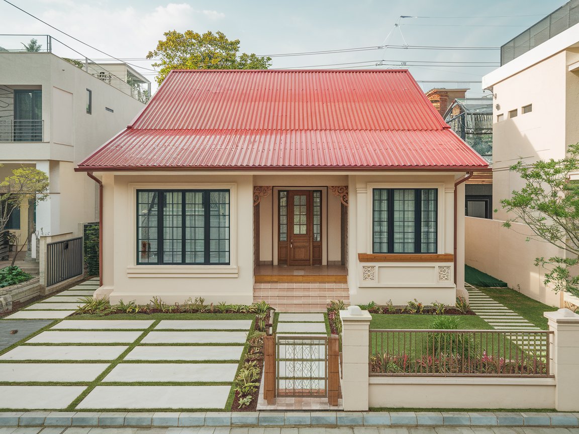 Casa moderna en zona urbana con techo de calamina ondulada color rojo, diseño estético y fachada bien cuidada