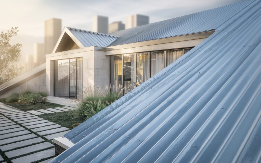 Casa urbana con techo de calamina ondulada galvanizada color acero, típica de zonas residenciales de ciudad