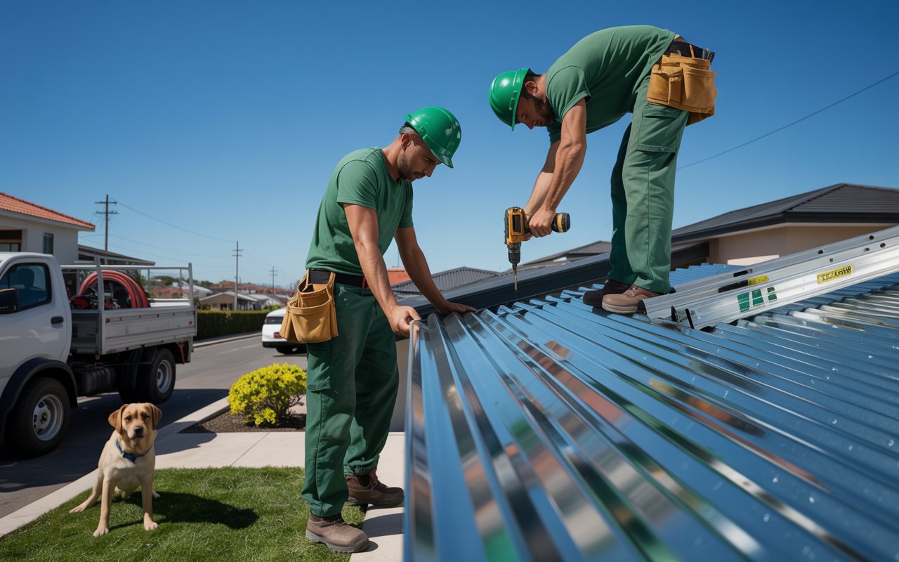 Trabajadores instalando calamina galvanizada en el techo de una casa.