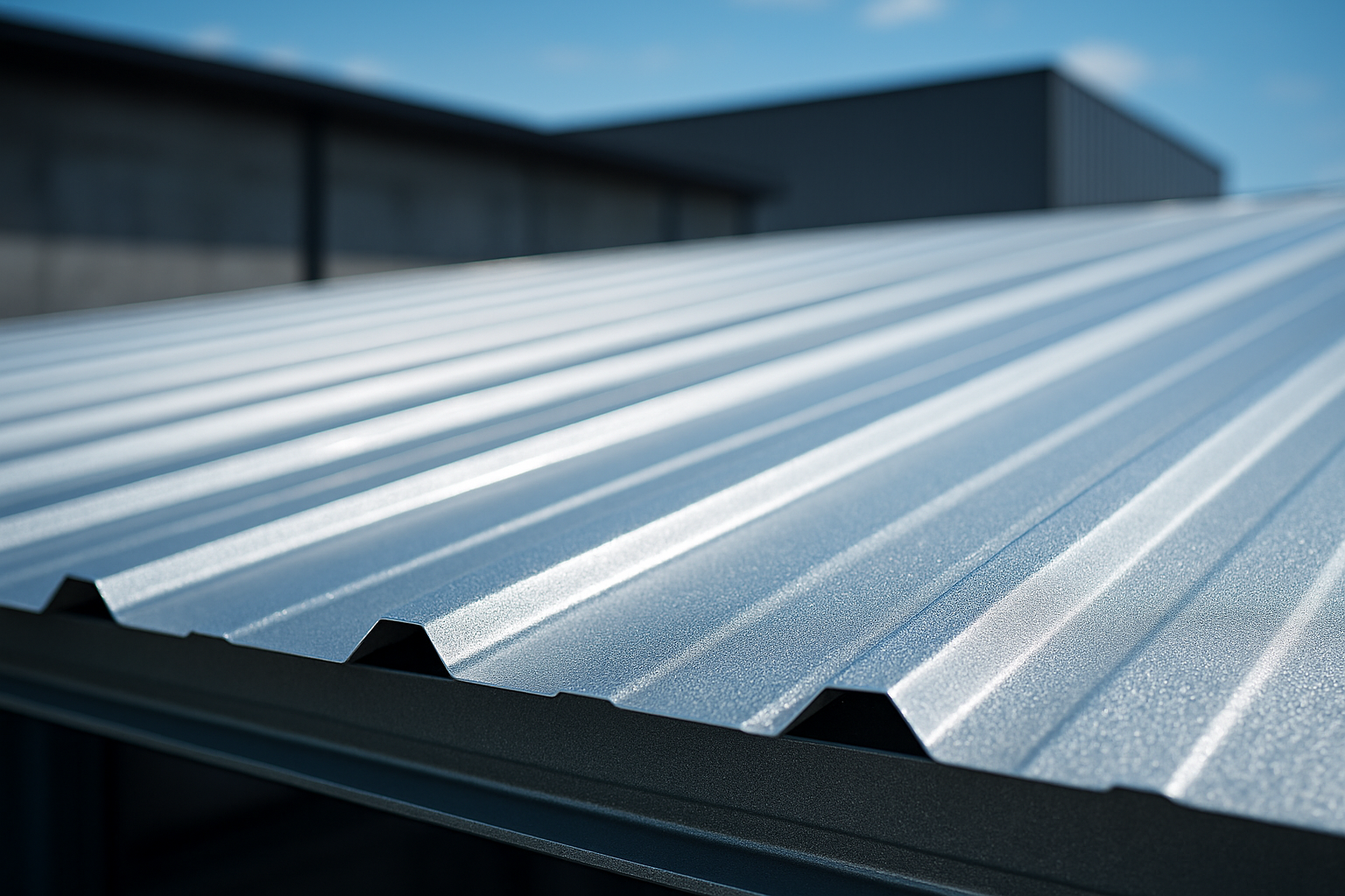 Detalle de calamina trapezoidal TR5 de Aluzinc instalada en techo industrial con acabado reflectante.