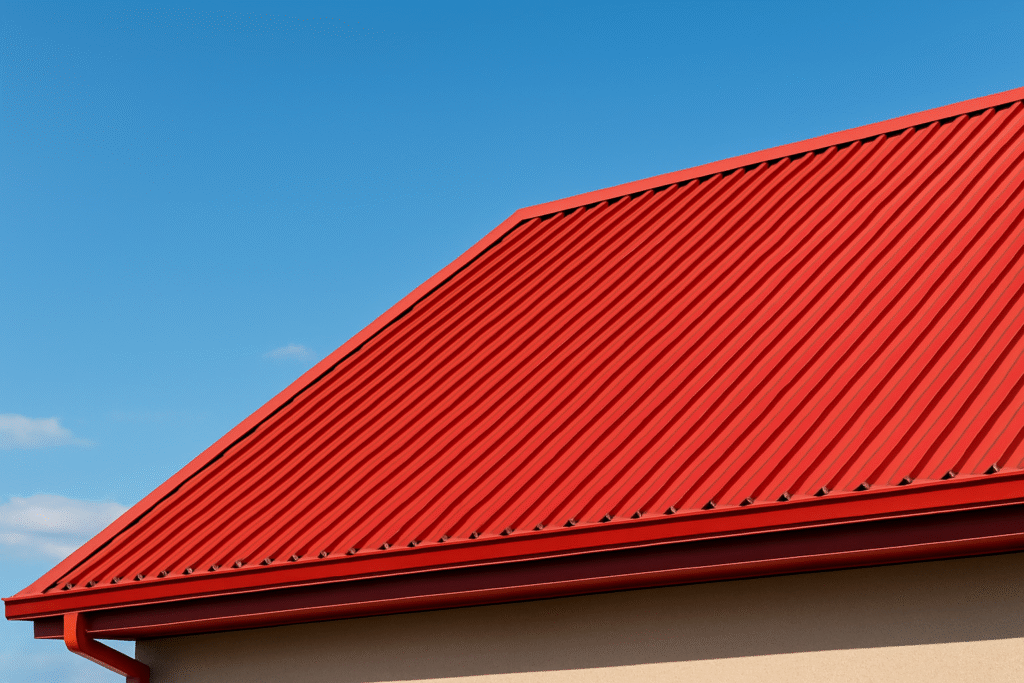 Techo de calamina prepintada color rojo en vivienda moderna bajo cielo despejado.
